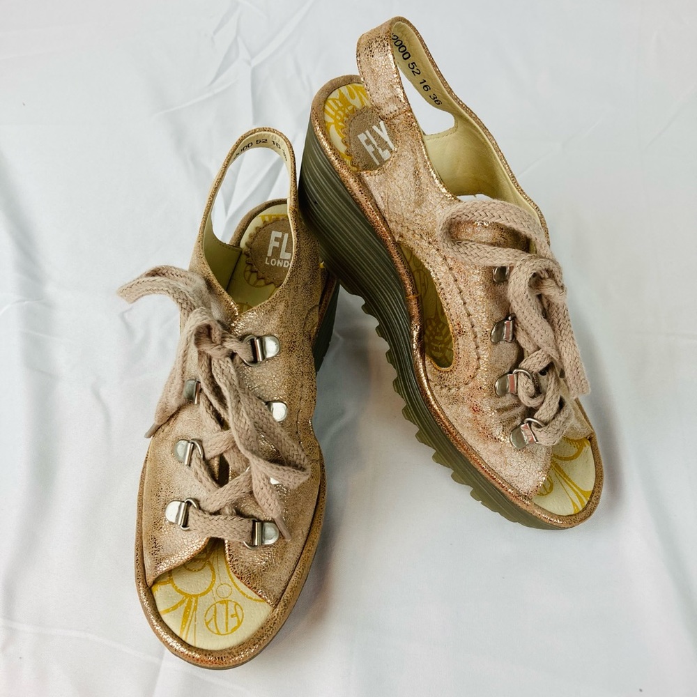 Fly London Metallic Rose Gold Lace-Up Wedge Sandals